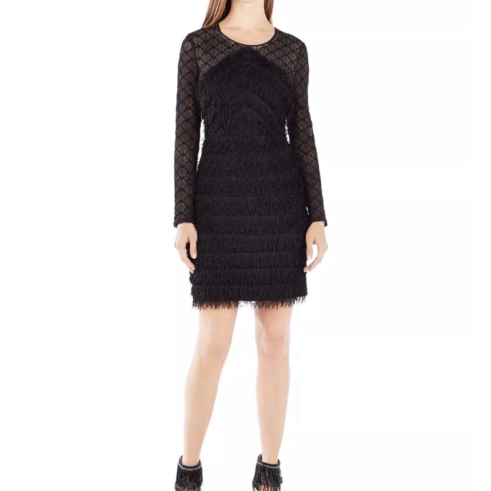 BCBGMaxAzria Black Fringe Long Sleeve Dress